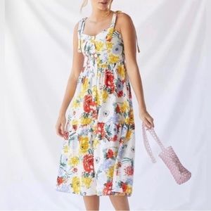 Urban Outfitters Positano‎ Floral Tie Shoulder Midi Dress Linen Blend Si…